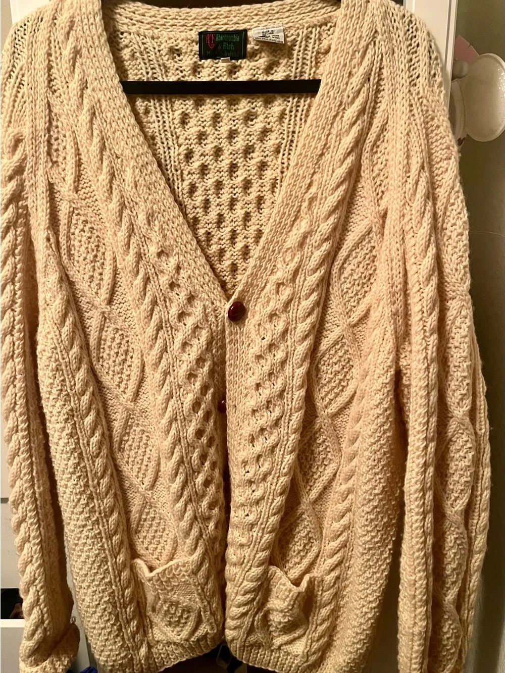 Vintage Abercrombie & Fitch Ireland 100% Wool Aran Cable Knit Cardigan XL